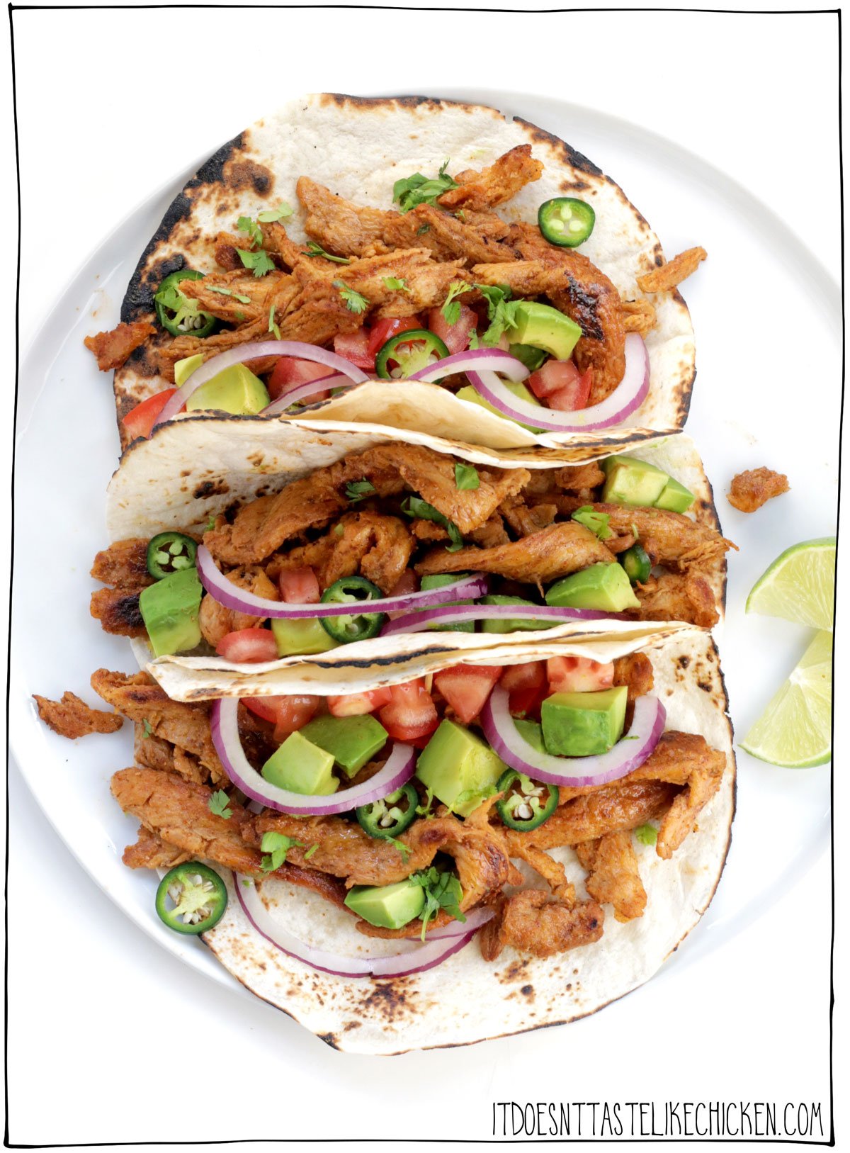 Easy Soy Curl Tacos! (Vegan Chicken Tacos). Just 20 minutes to make, these soy curl tacos are juicy, tender, chewy, and bursting with flavour! The perfect vegan chicken taco! Gluten-free and oil-free options. #itdoesnttastelikechicken #veganrecipe #tacos
