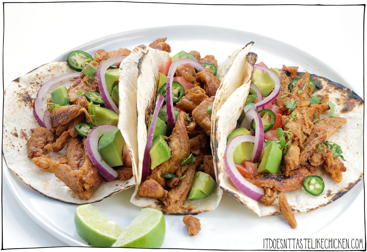 Easy Soy Curl Tacos! (Vegan Chicken Tacos). Just 20 minutes to make, these soy curl tacos are juicy, tender, chewy, and bursting with flavour! The perfect vegan chicken taco! Gluten-free and oil-free options. #itdoesnttastelikechicken #veganrecipe #tacos