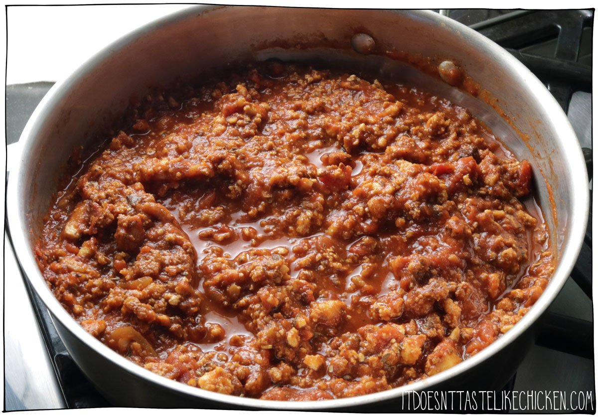 Stir the tofu into the tomato sauce to make your vegan bolognese