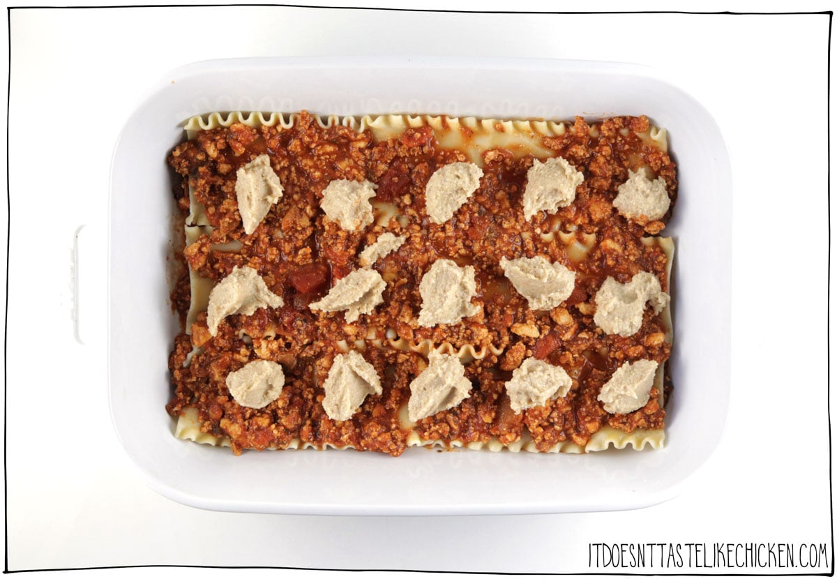 Followed by more vegan meat sauce, and then dollops of the cashew ricotta.