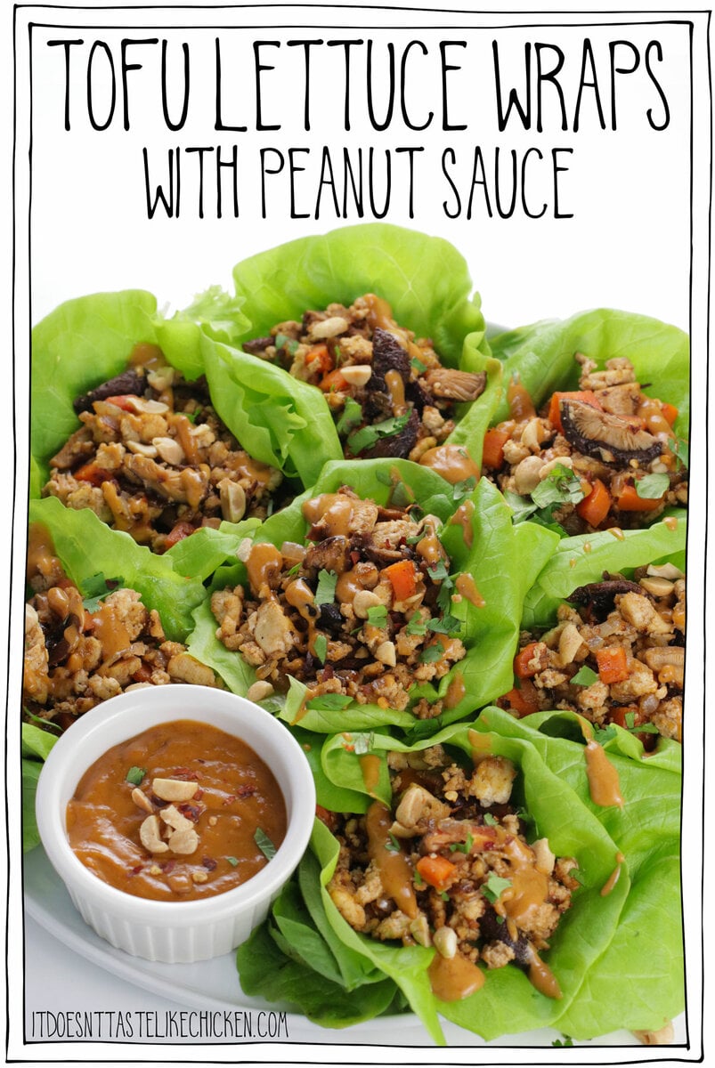 Tofu Lettuce Wraps with Peanut Sauce are a delicious and healthy meal option that everyone will love! Made with pan-fried tofu and meaty shiitake mushrooms, served on fresh lettuce leaves and drizzled with spicy peanut sauce. Yum! These tofu lettuce wraps are perfect for a quick and easy lunch or dinner and can be served as an appetizer or main course. They are also a great option for meal prep, as the filling and sauce can be made in advance and stored in the refrigerator for later. #itdoesnttastelikechicken #veganrecipes