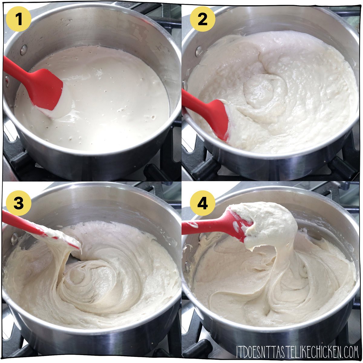Pour the cheese mixture into a medium saucepan over medium-high heat. Use a spatula to continuously stir and scrape the sides of the pot while cooking.
