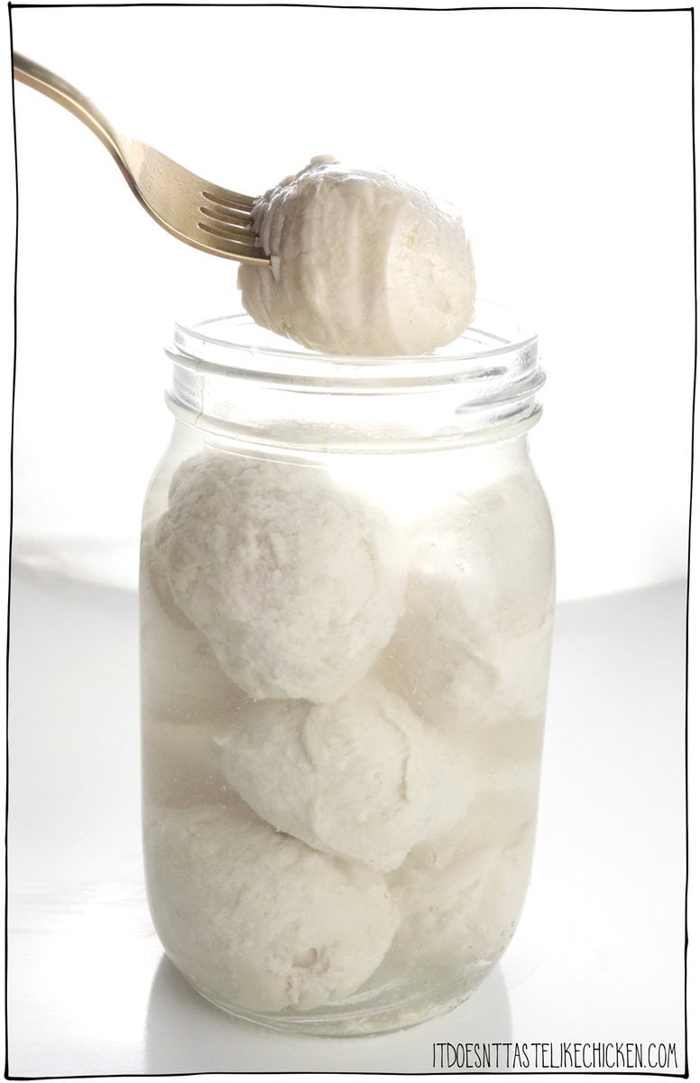 This Vegan Bocconcini recipe is deliciously creamy, has a subtle mozzarella flavor, and is easy to make! Slice these homemade mozzarella balls and serve them in a vegan Caprese salad, or enjoy them on pizza (they melt and brown beautifully), pasta, or with your favorite Italian appetizers.