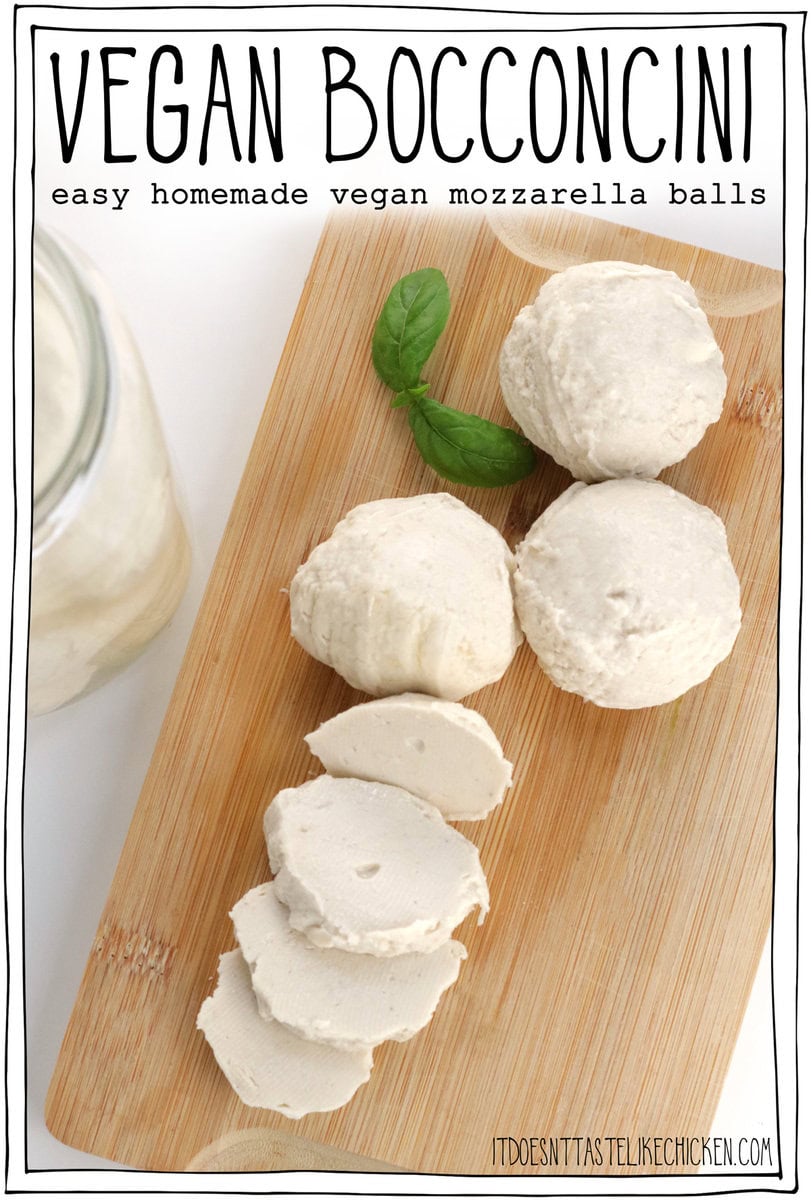 This Vegan Bocconcini recipe is deliciously creamy, has a subtle mozzarella flavor, and is easy to make! Slice these homemade mozzarella balls and serve them in a vegan Caprese salad, or enjoy them on pizza (they melt and brown beautifully), pasta, or with your favorite Italian appetizers.