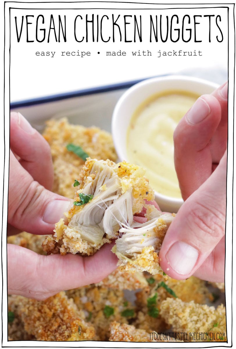 Prepare to be blown away by this Vegan Chicken Nuggets recipe! Crispy crunchy on the outside and juicy, and tender on the inside with an amazing pull-apart texture!  The "chicken" in the recipe is made from jackfruit that is marinated overnight so the jackfruit becomes super flavorful. Next, it's coated in a crispy panko coating and baked, air-fried, or pan-fried (your choice). These might be the best nuggets you'll ever try!