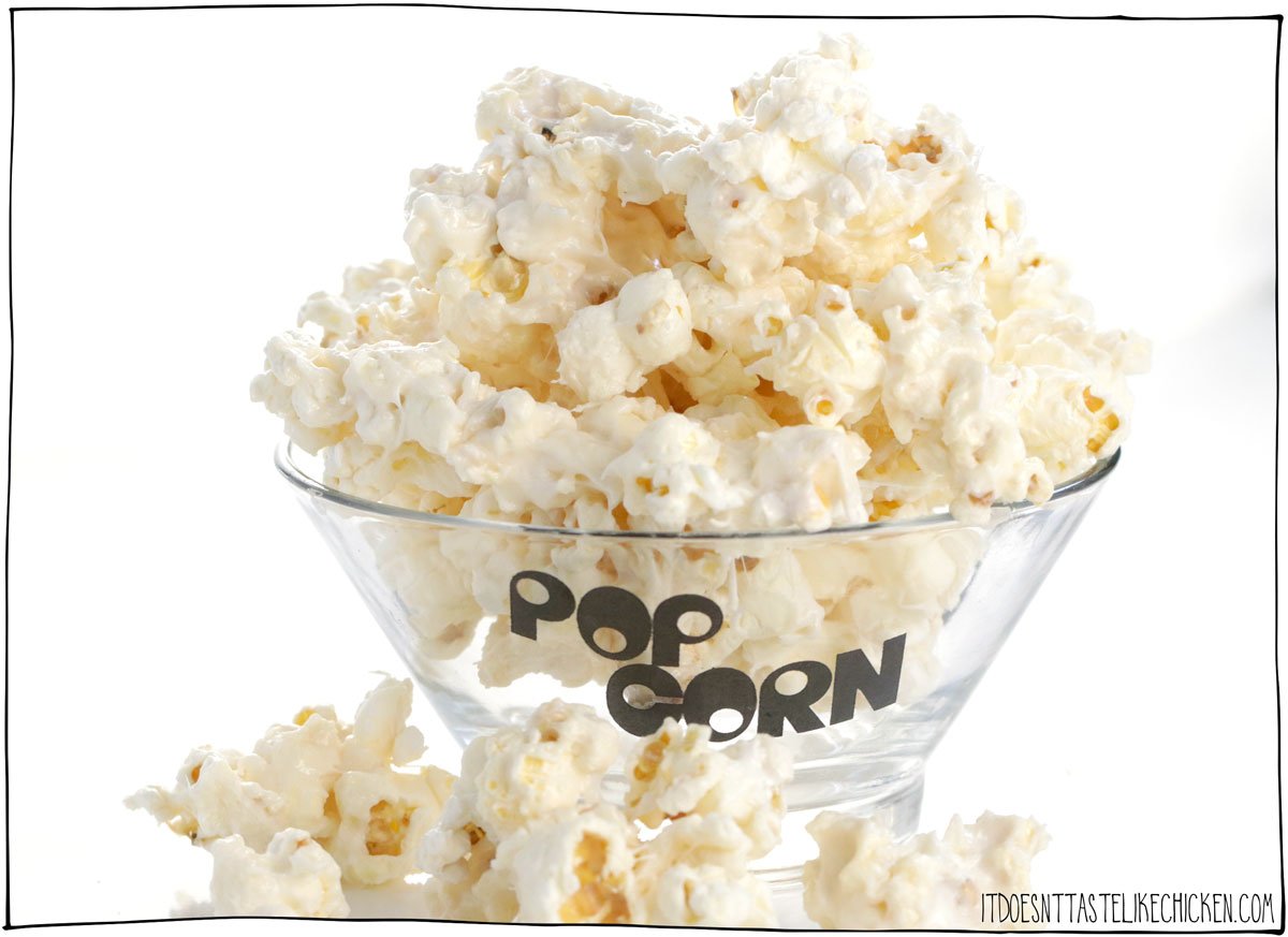 A cross between salty popcorn and rice krispie squares, I bring you vegan Marshmallow Popcorn! Just 5 easy ingredients and 15 minutes to make. The perfect gooey, sweet, crispy, salty treat for movie night!