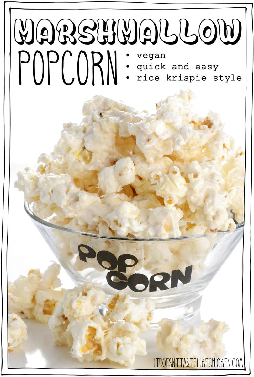 A cross between salty popcorn and rice krispie squares, I bring you vegan Marshmallow Popcorn! Just 5 easy ingredients and 15 minutes to make. The perfect gooey, sweet, crispy, salty treat for movie night!