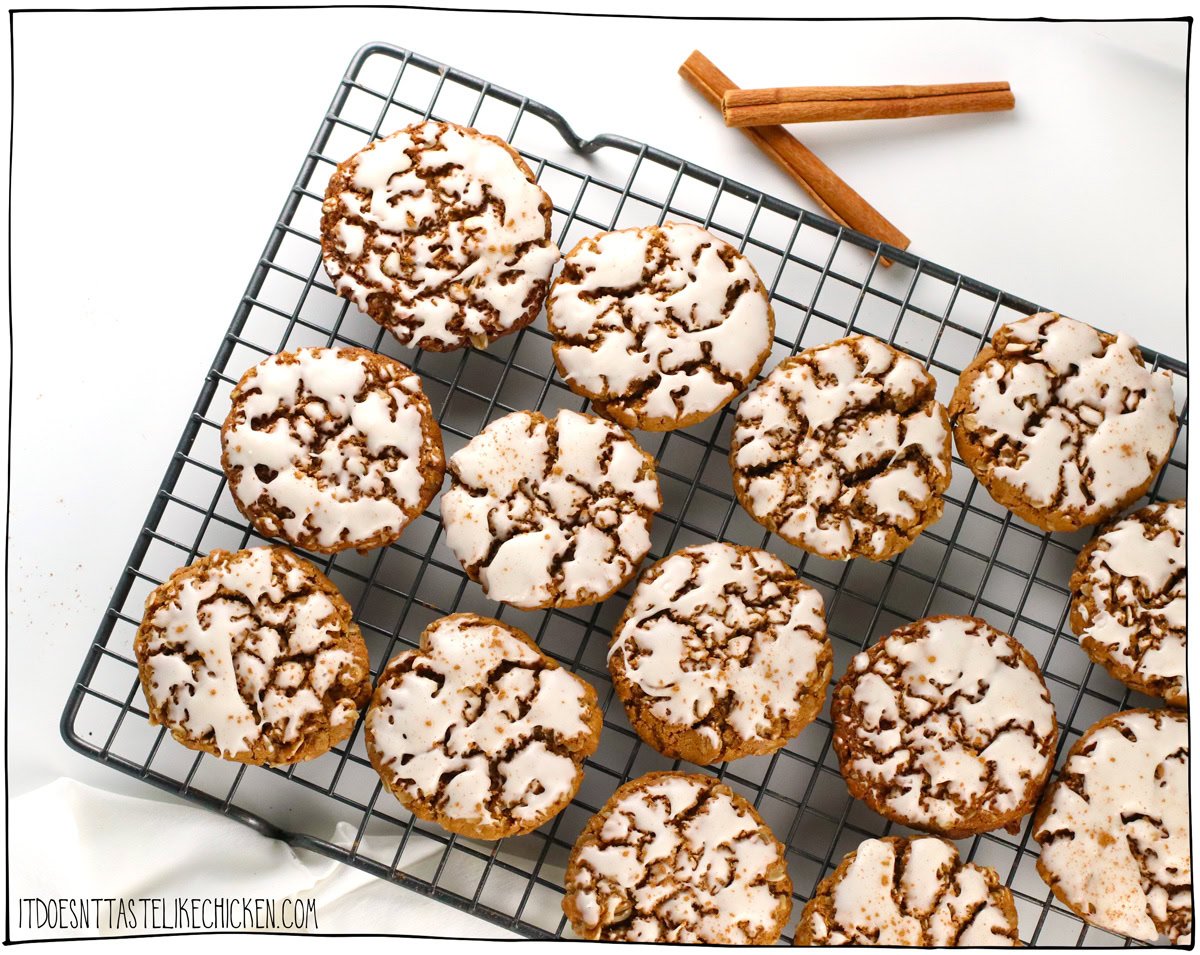 Crispy on the outside, chewy on the inside, and filled with warm, festive flavors, these Vegan Gingerbread Oatmeal Cookies are the perfect combination of classic chewy oatmeal cookies and spiced gingerbread. Easy to make and a family favorite, they can be optionally dipped in a sweet, spiced icing for a snowy finish. A perfect addition to your holiday cookie platter.