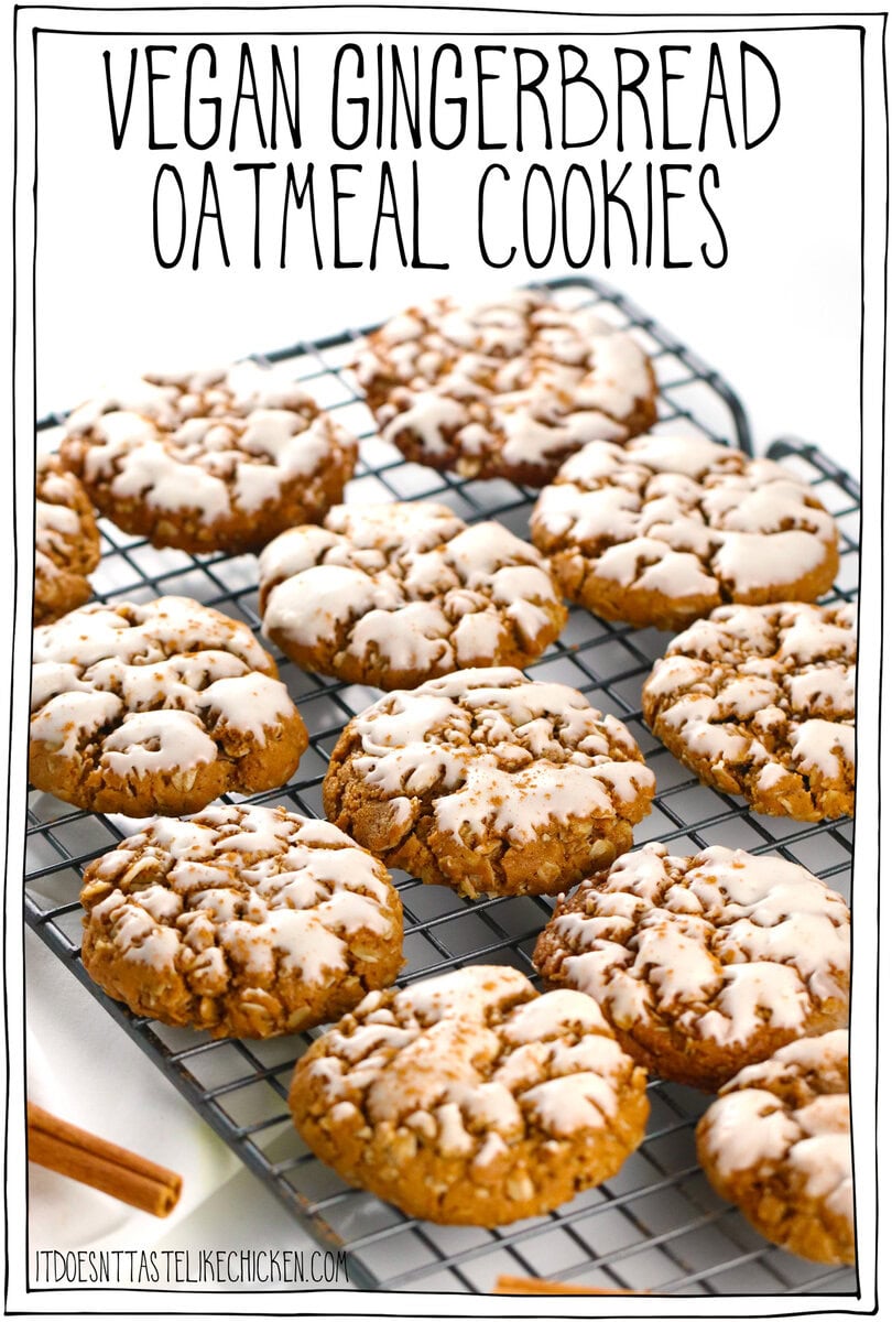 Crispy on the outside, chewy on the inside, and filled with warm, festive flavors, these Vegan Gingerbread Oatmeal Cookies are the perfect combination of classic chewy oatmeal cookies and spiced gingerbread. Easy to make and a family favorite, they can be optionally dipped in a sweet, spiced icing for a snowy finish. A perfect addition to your holiday cookie platter.