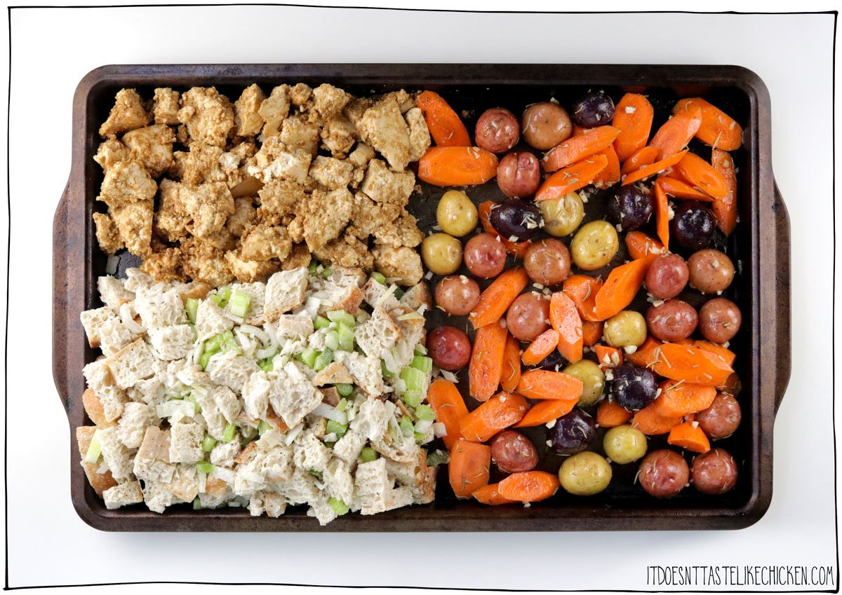 Divide everything over a baking sheet and roast for 20 mintues.