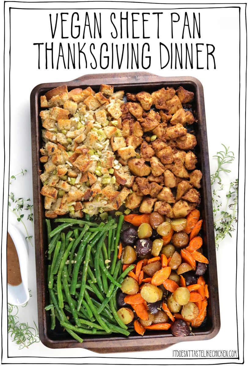 This Vegan Sheet Pan Thanksgiving Dinner is a delectable tribute to the flavors of Thanksgiving, and the best part is that you can enjoy it any day of the week. It's a complete feast including a crispy-on-the-outside, creamy-on-the-inside stuffing, tofu bites that are seasoned to taste like turkey, perfectly roasted potatoes and carrots, and garlicky green beans. It's easy to prepare, and it all bakes together on a sheet pan!