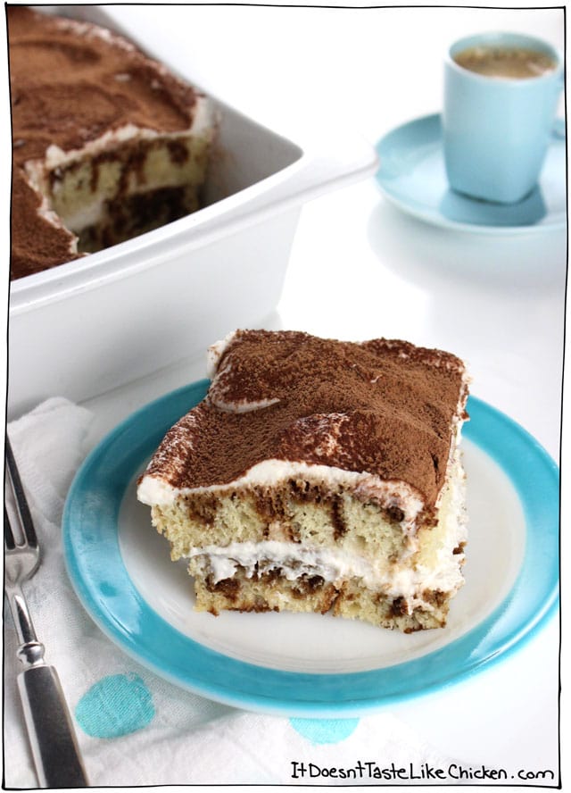 Vegan Tiramisu! Sweet fluffy sponge cake + liqueur spiked espresso sauce + fluffy clouds of cashew coconut cream= pure blissful heaven. Dairy free and egg free. #itdoesnttastelikechicken